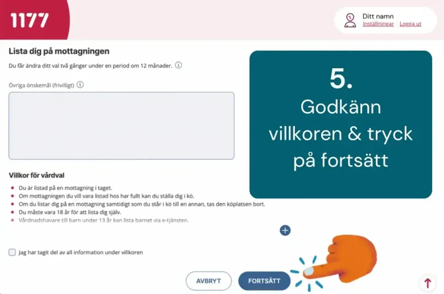 En användare accepterar villkor på en digital plattform, med en instruktion som uppmanar till godkännande och fortsatt.