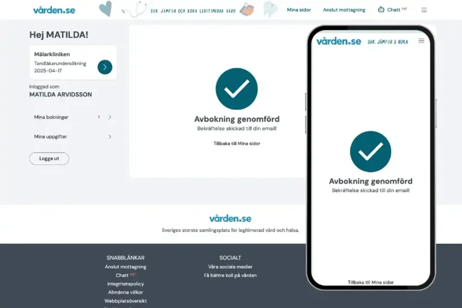 Användarkonto bekräftelse skärm på en mobilapp med texten "Avbokning genomförd" och en check-mark ikon.