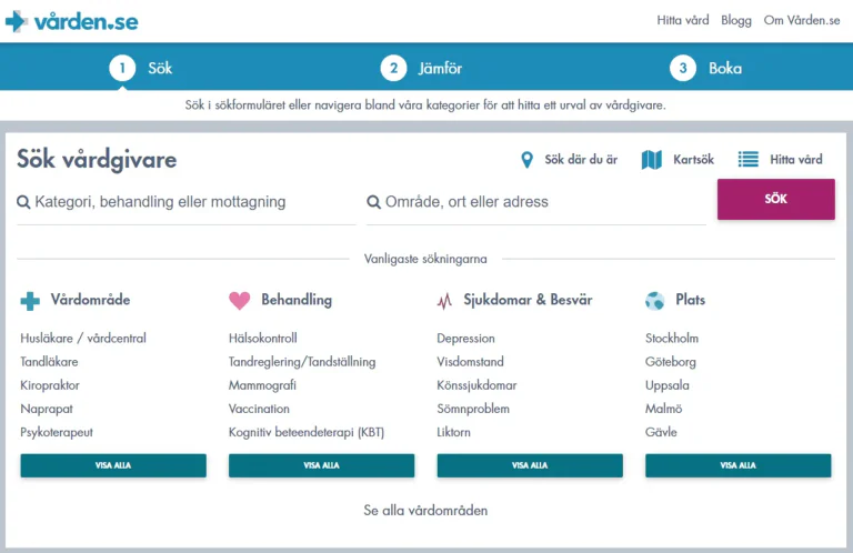 Sida för att söka vårdgivare på en svensk vårdplattform, med sökfält för kategori och adress samt kategorier som vårdområde, behandling och sjukdomar.