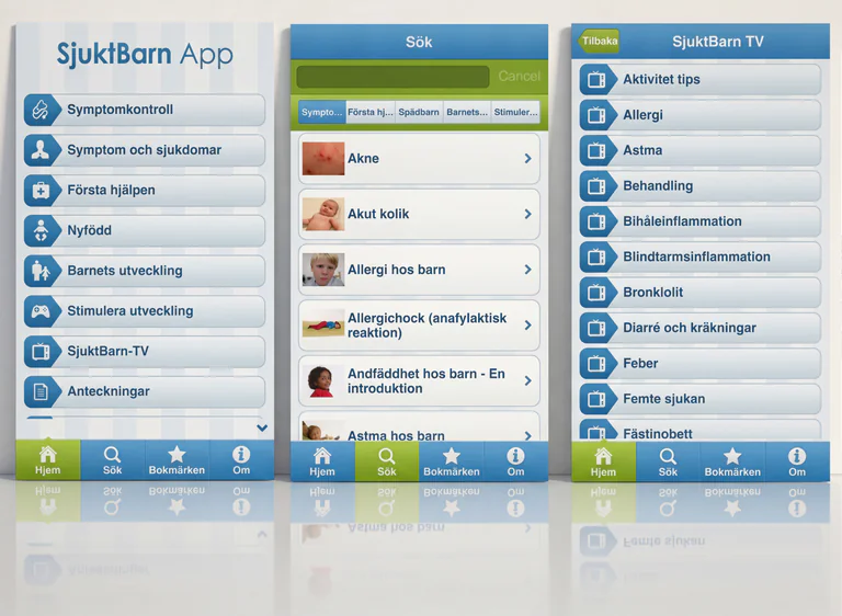 Skärmdumpar av mobilapplikationer som visar information om barnsjukdomar och hälsa.