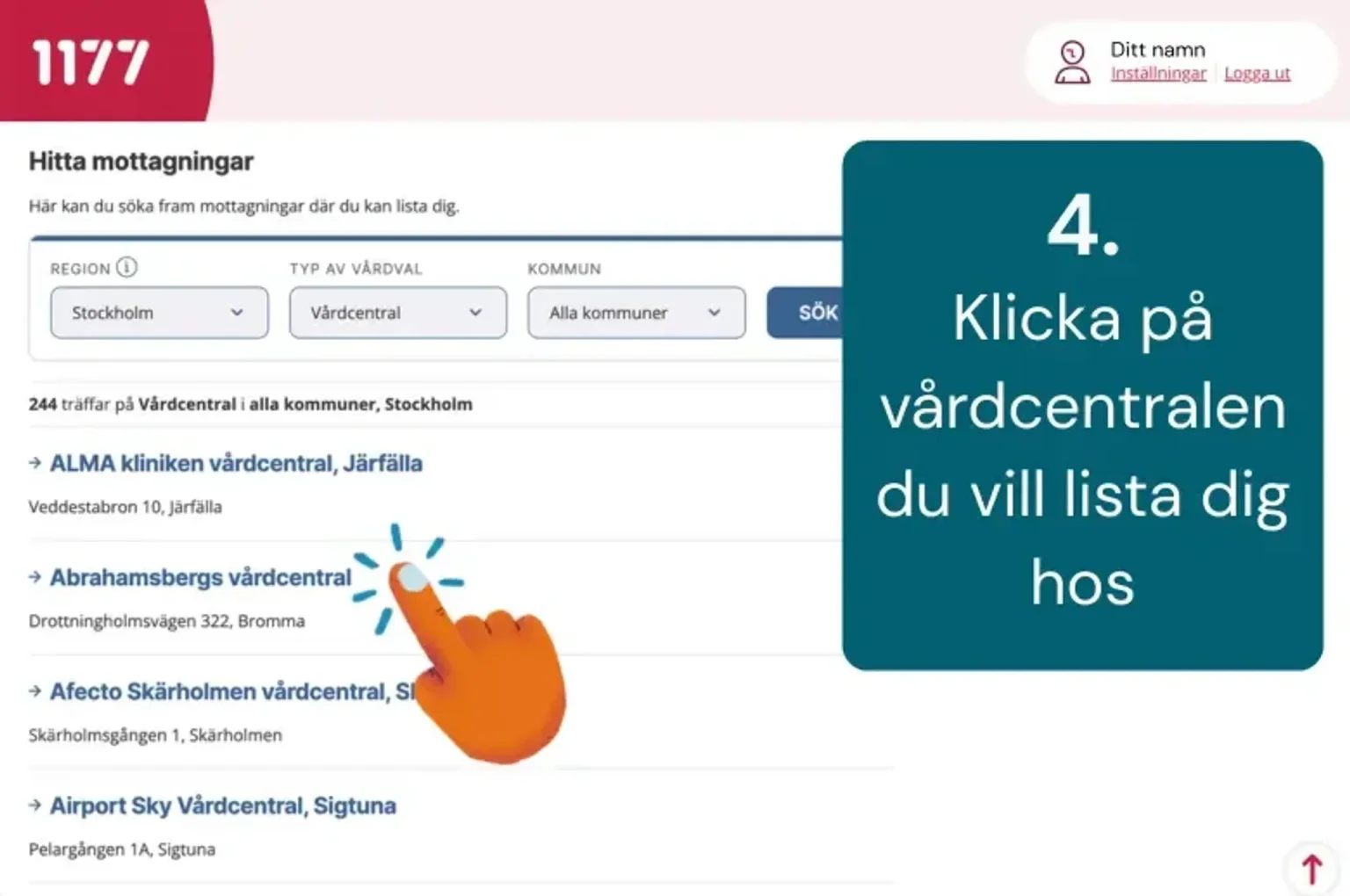 En hand som pekar på en lista över vårdcentraler på en webbplats, med instruktioner som förklarar hur man väljer en.