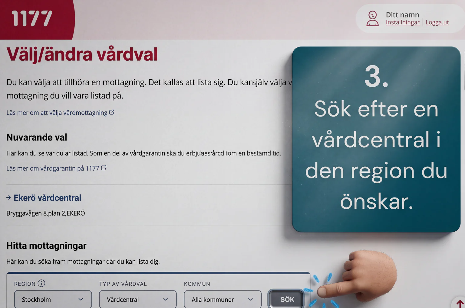 Användare väljer vårdcentral på en webbsida för vårdval.